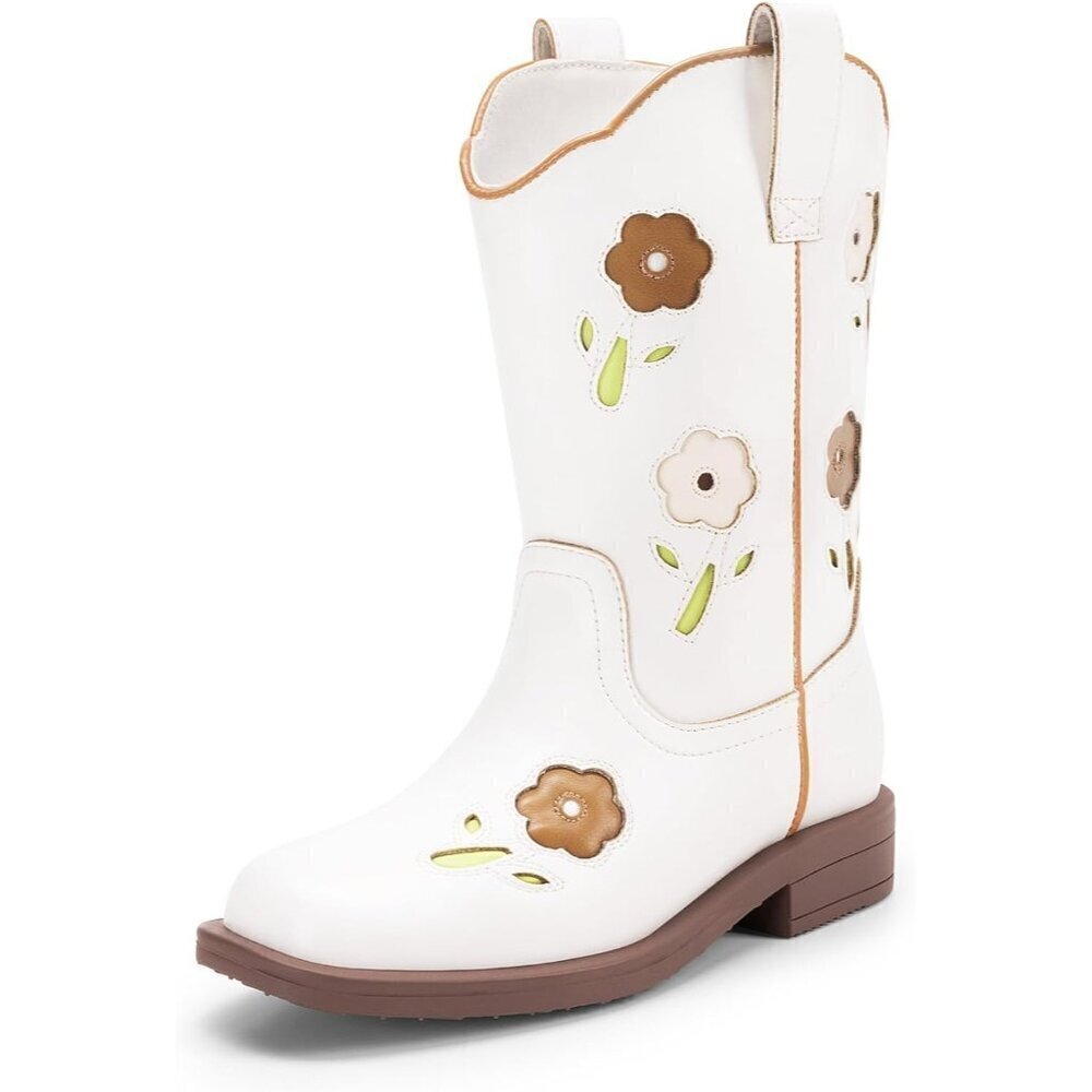 🆕 Women White Western Riding Boots Cowboy Mid Calf Toddler Kids Shoes